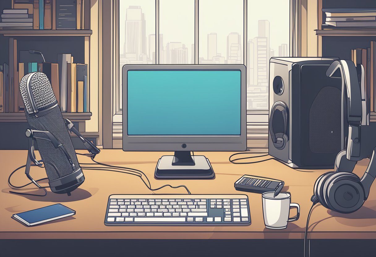 A microphone and headphones sit on a desk, surrounded by a computer and social media icons. A script and voice acting books are nearby