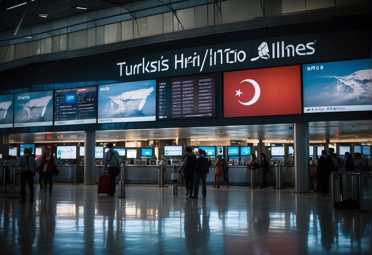 Passengers accessing Turkish Airlines contact info on digital screens in a bustling airport terminal