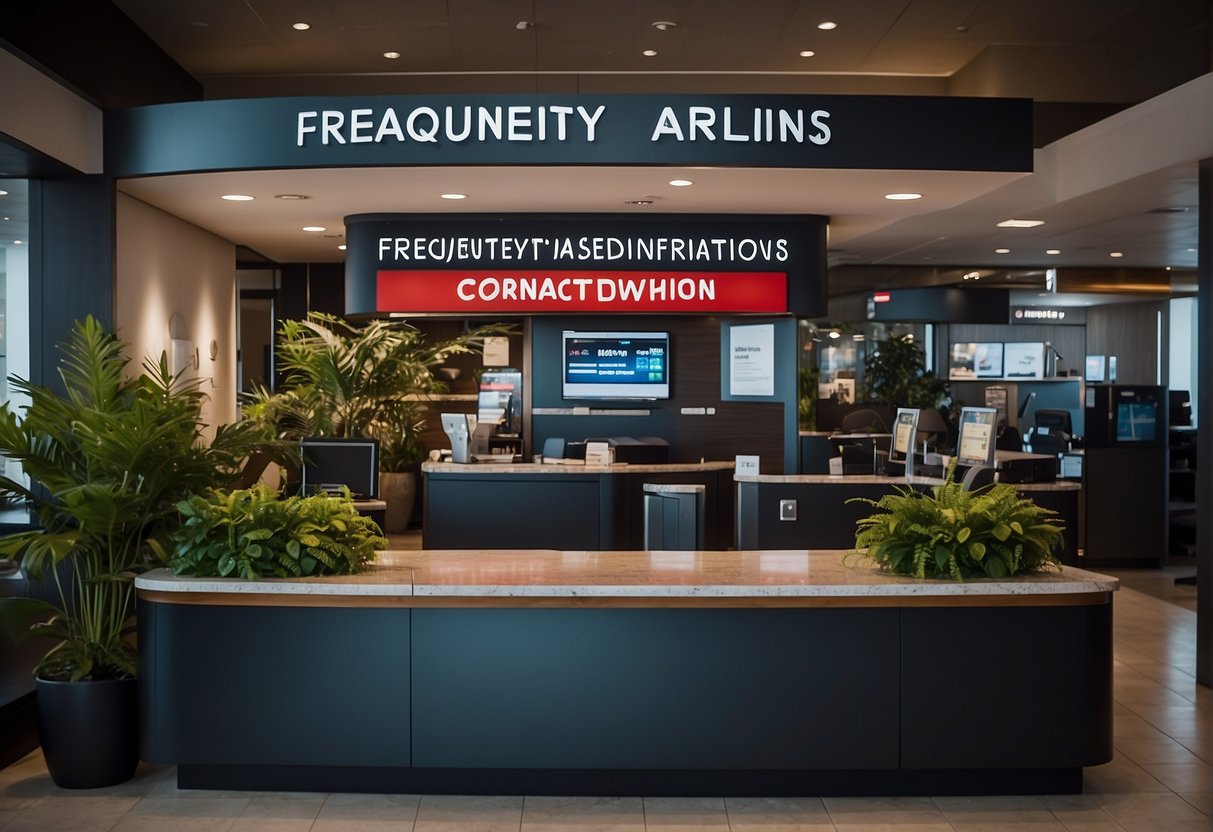 A customer service desk with a sign reading "Frequently Asked Questions Turkish Airlines Contact Information" and a phone or computer for assistance