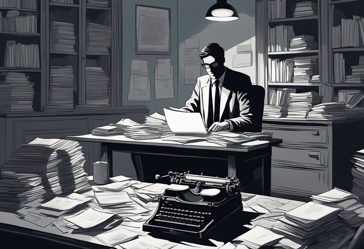 A shadowy figure hovers over a typewriter, surrounded by scattered papers and crumpled notes. A dimly lit room adds to the air of suspense as the writer begins crafting their next thrilling mystery