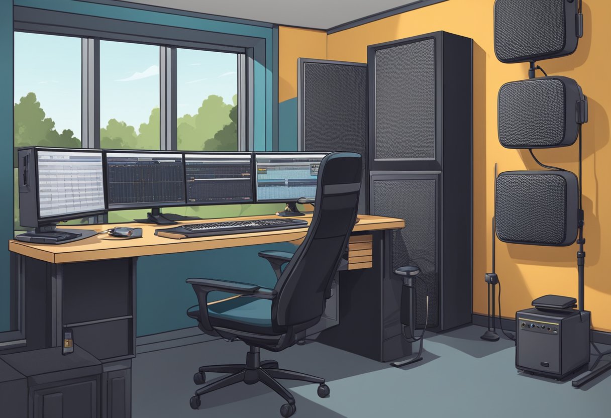 A recording studio with a microphone, soundproof walls, and a control panel. A voice actor sits at the desk, reading from a script