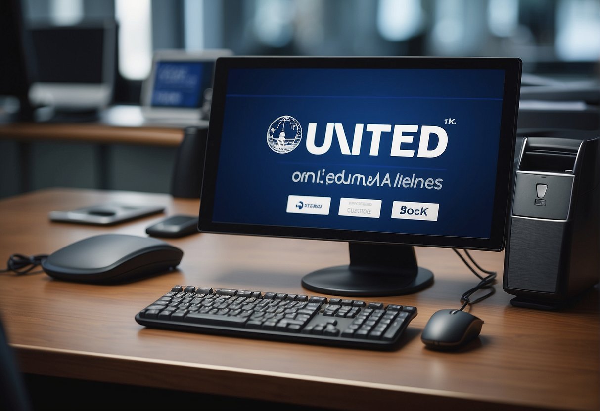A desk with a computer showing United Airlines logo, a phone, and a customer service sign