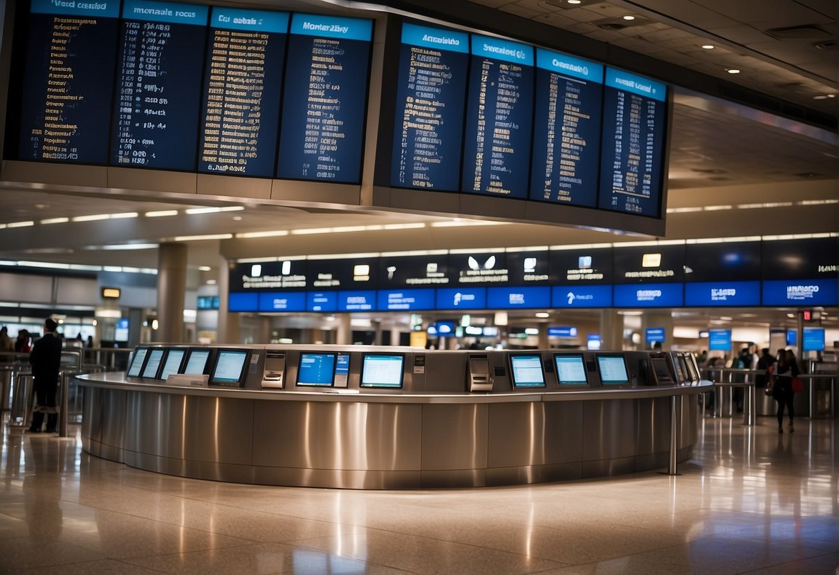 A bustling airport terminal with a prominent display of United Airlines contact information, easily accessible to the public