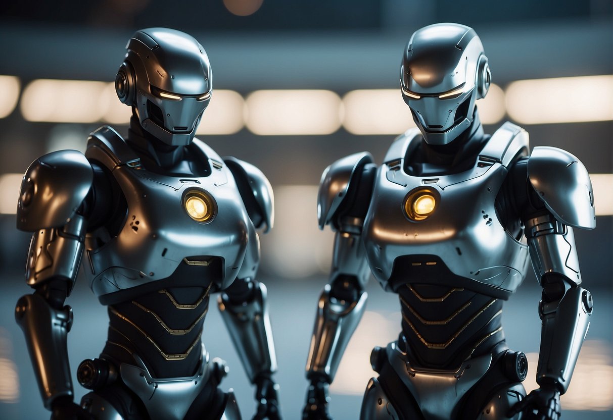 Two robots, z530m and z530r, face off in a futuristic arena. The sleek, metallic figures stand ready for battle, with glowing eyes and advanced weaponry