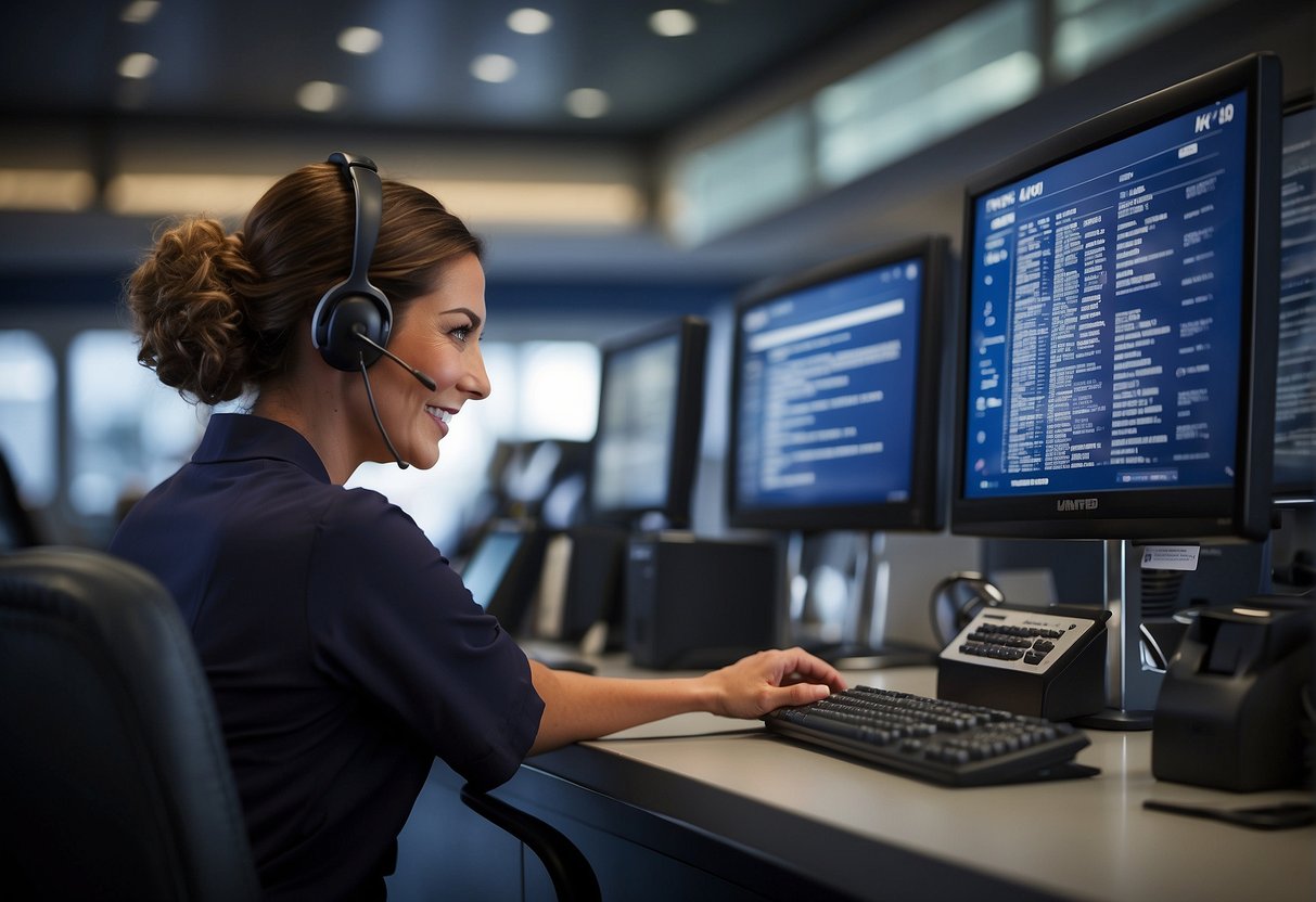 A customer service representative updates passenger details on a computer screen, with United Airlines contact information displayed nearby