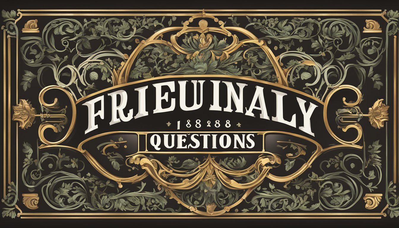 A vintage sign with "Frequently Asked Questions 1888 Significado" in bold letters, surrounded by decorative flourishes and a border