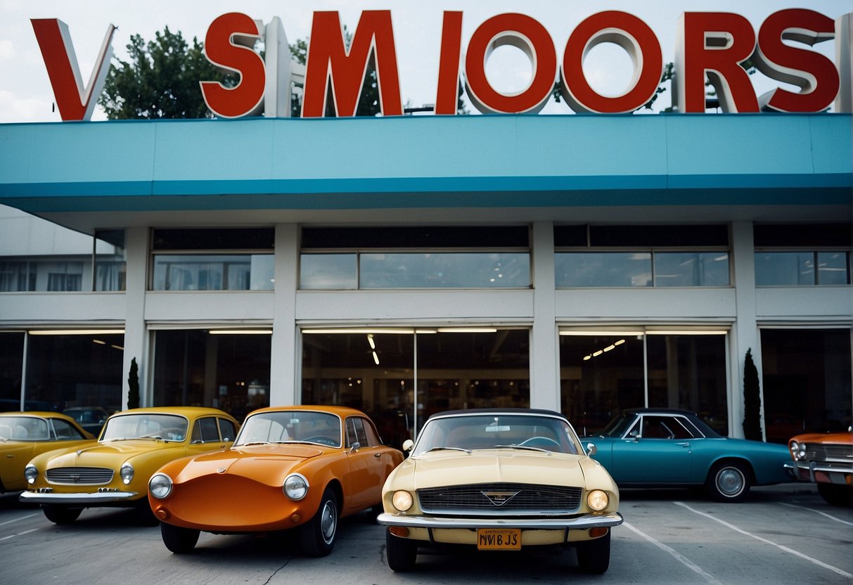 A row of vintage cars parked in front of VS Motors showroom, with bright neon signs and a clear blue sky in the background