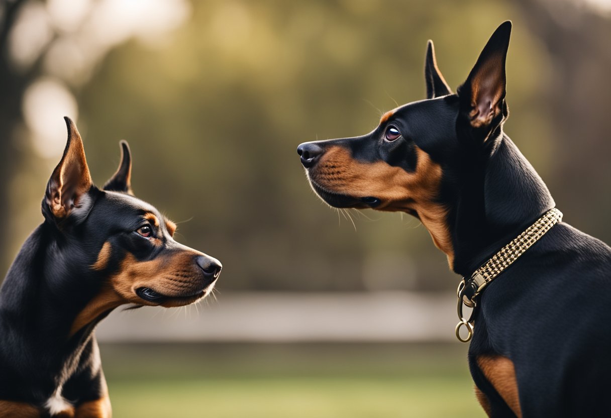 A miniature pinscher confronts a doberman in a tense standoff, both dogs poised with raised hackles and bared teeth