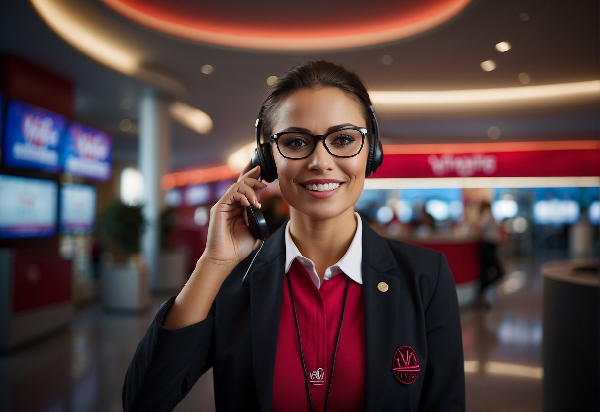 A customer service representative answers a phone with the Virgin Atlantic logo in the background, ready to assist passengers with their travel needs