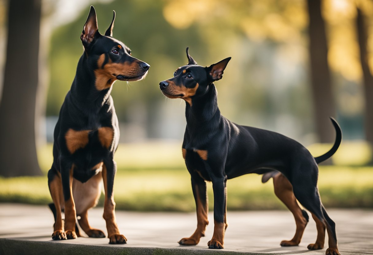 A miniature pinscher stands alert with perked ears, while a doberman looms confidently, muscles taut and ears cropped