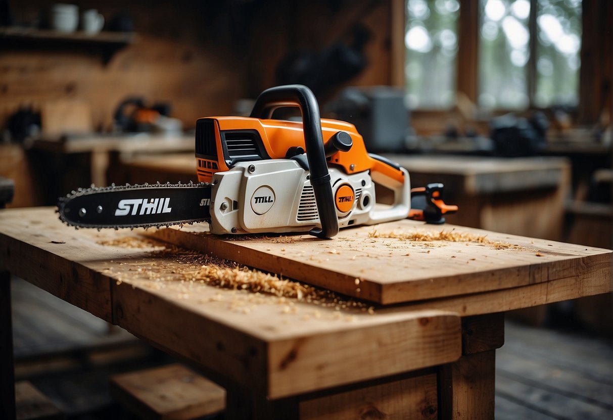 A Stihl 660 and 661 chainsaw are positioned side by side on a wooden workbench in a rustic workshop. Sawdust and wood shavings cover the surface, and a faint scent of gasoline lingers in the air