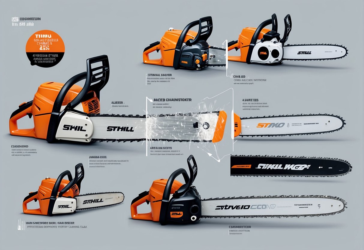 An illustration showing a side-by-side comparison of the Stihl 660 and 661 chainsaws, with detailed technical specifications displayed for each model