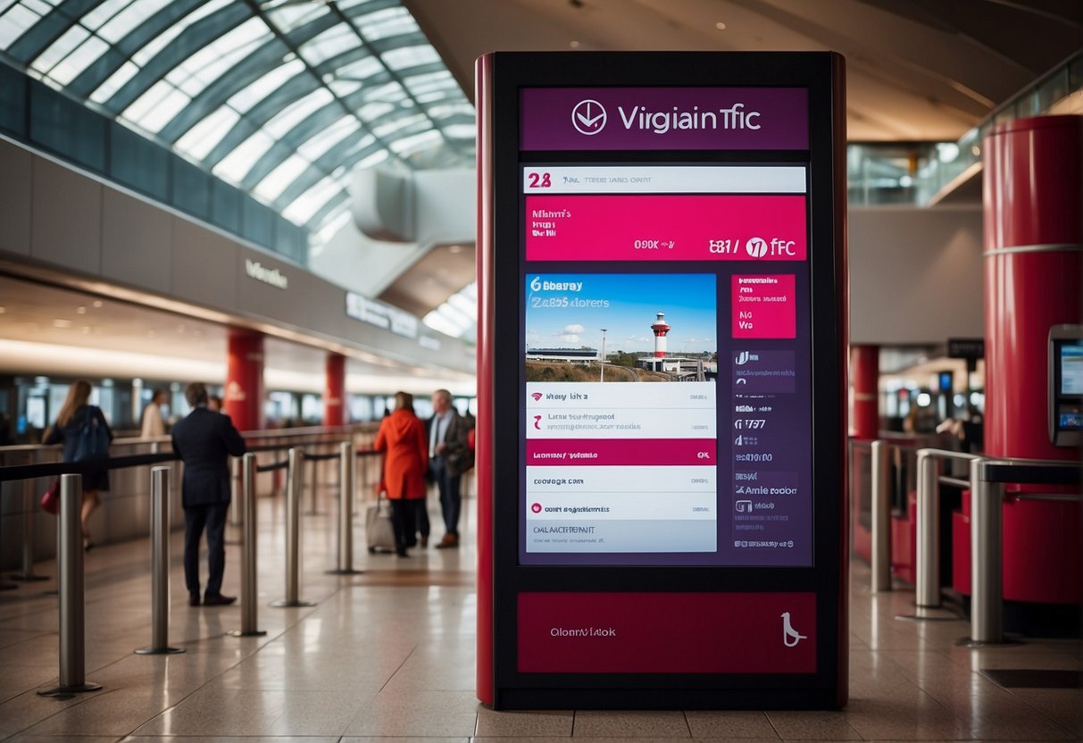 Passengers accessing Virgin Atlantic contact info via public kiosk at an airport terminal. Visible signage and easy-to-use interface