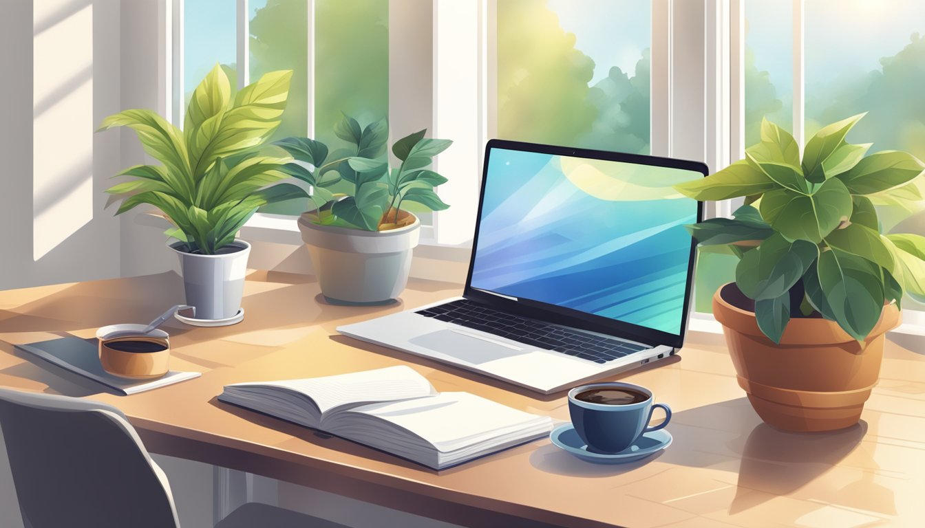 A desk with a laptop, notebook, and pen.</p><p>A window with sunlight shining in.</p><p>A potted plant and a cup of coffee on the desk