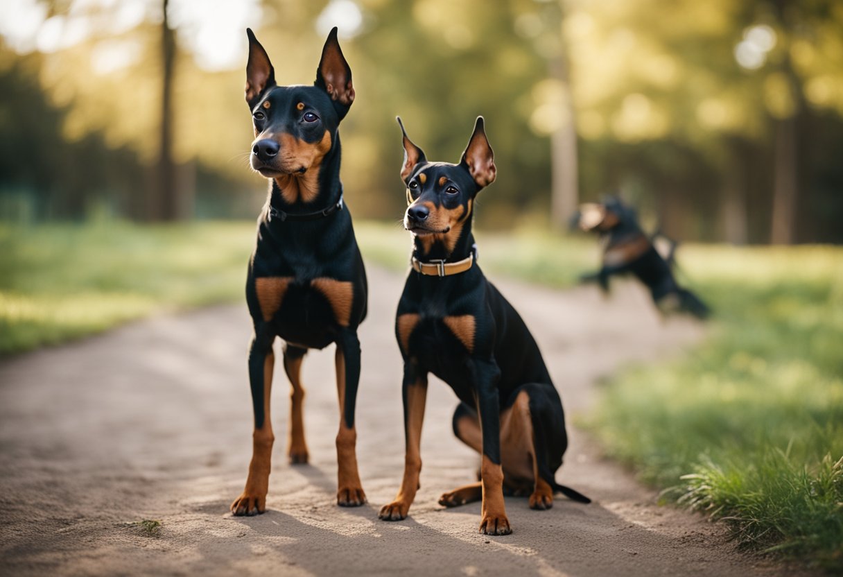 A miniature pinscher and a doberman engage in training exercises, showcasing their intelligence and agility