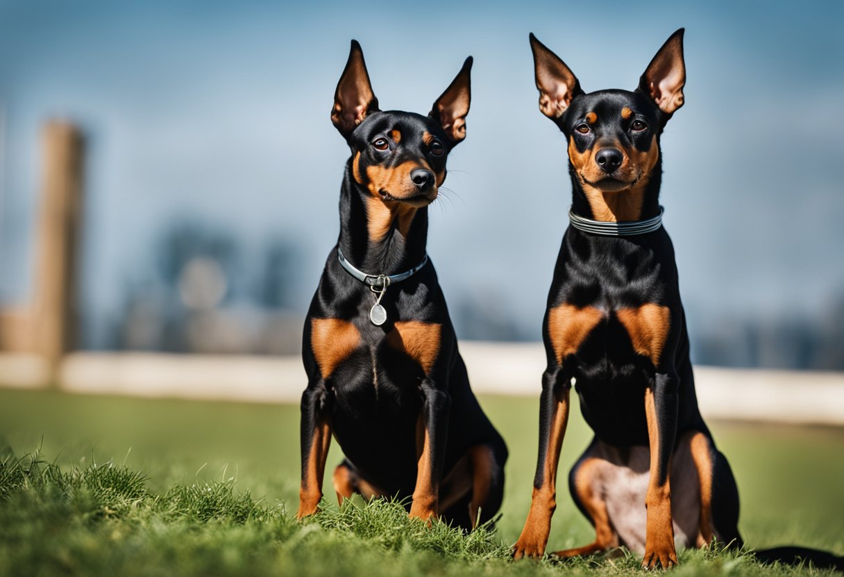 A miniature pinscher and a doberman stand side by side, showcasing their contrasting sizes and features. The miniature pinscher exudes energy and agility, while the doberman exudes strength and confidence