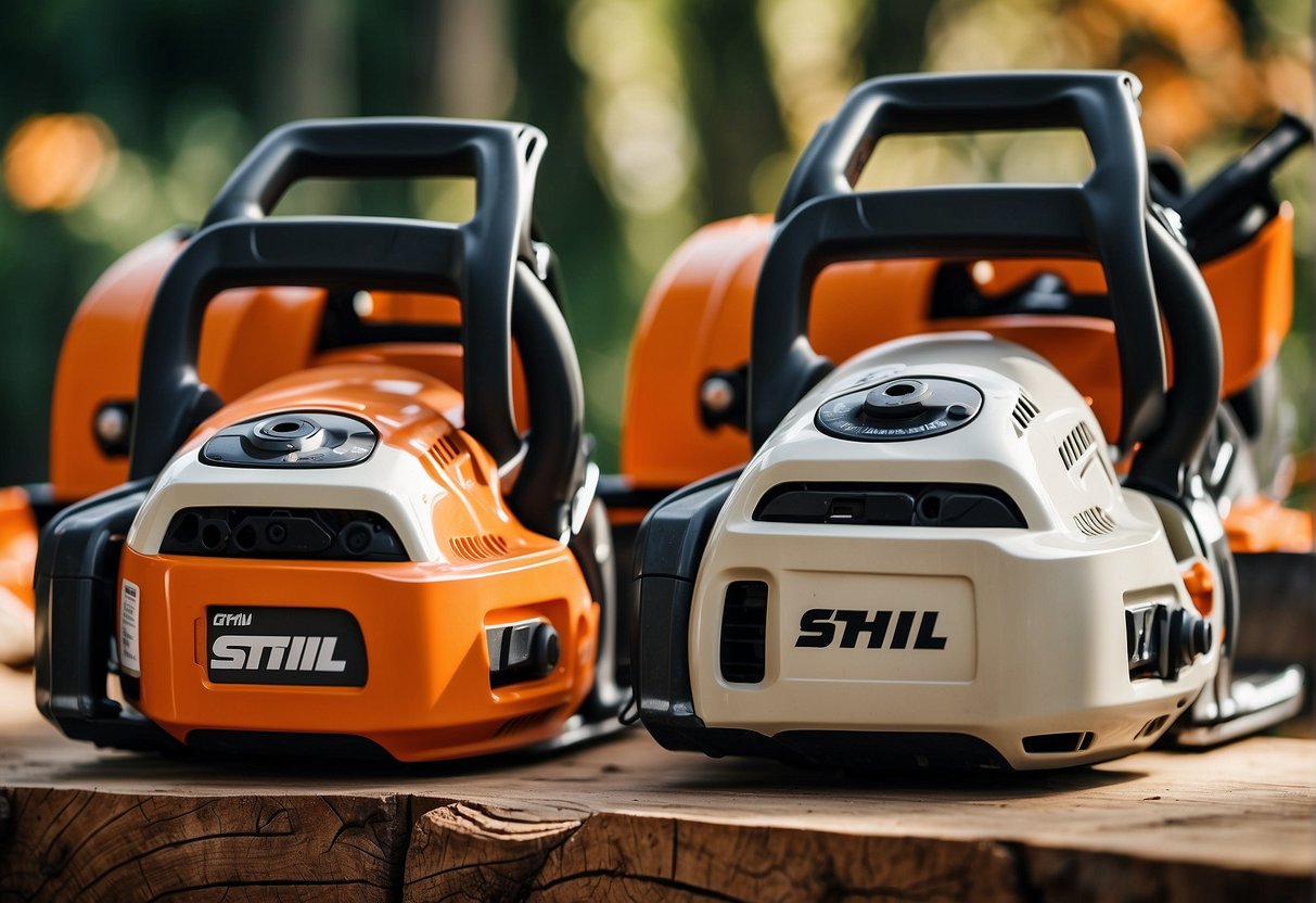 The Stihl 660 and 661 chainsaws are displayed side by side, with price tags and features highlighted for comparison