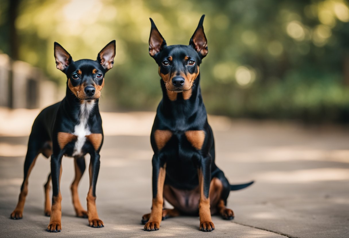 A miniature pinscher and a doberman stand side by side, with the miniature pinscher looking small and alert, while the doberman exudes confidence and power