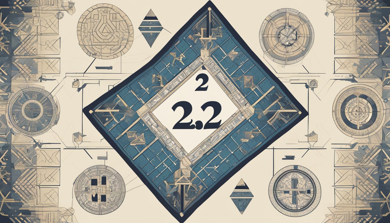 A table with three identical sets of the number 2223 arranged in a triangular pattern, surrounded by symbolic imagery representing numerology
