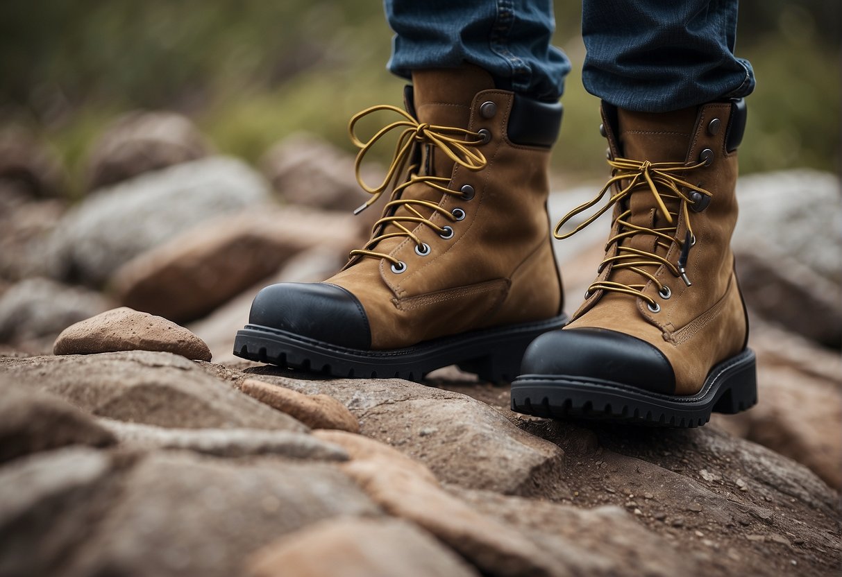 A wolverine wearing Durashock boots walks confidently on rocky terrain, while an Ultraspring boot lies broken nearby
