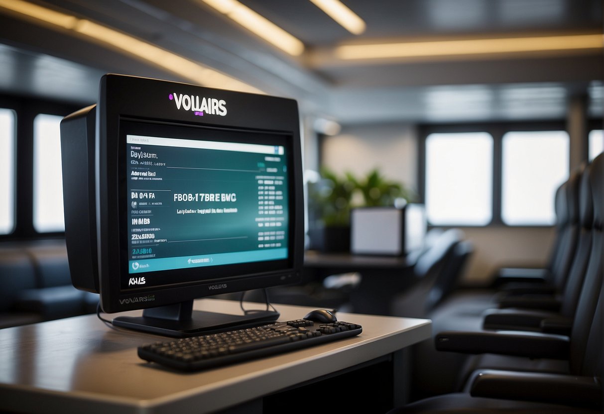 Volaris Airlines contact info: phone numbers, email, and website displayed on a computer screen with the airline's logo