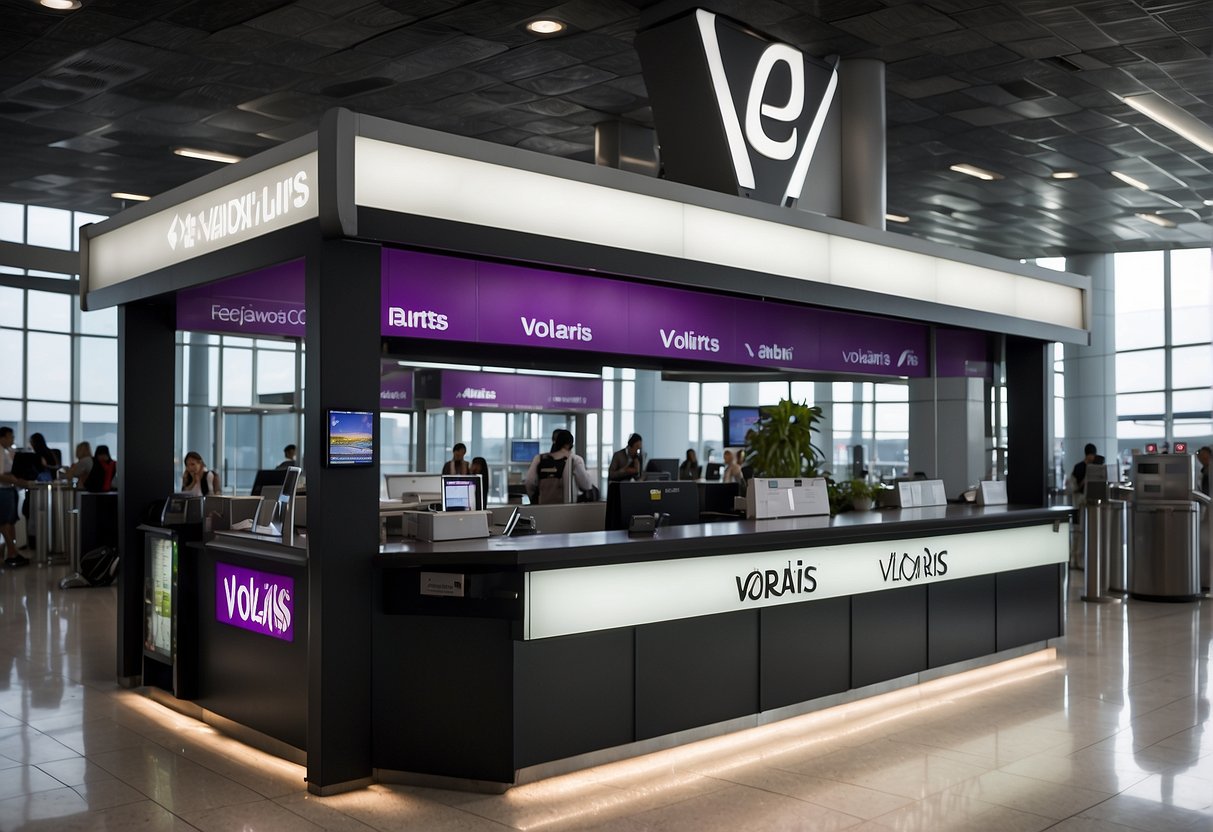 A Volaris Airlines contact information booth stands prominently in a bustling airport terminal, with clear signage and accessible to the public