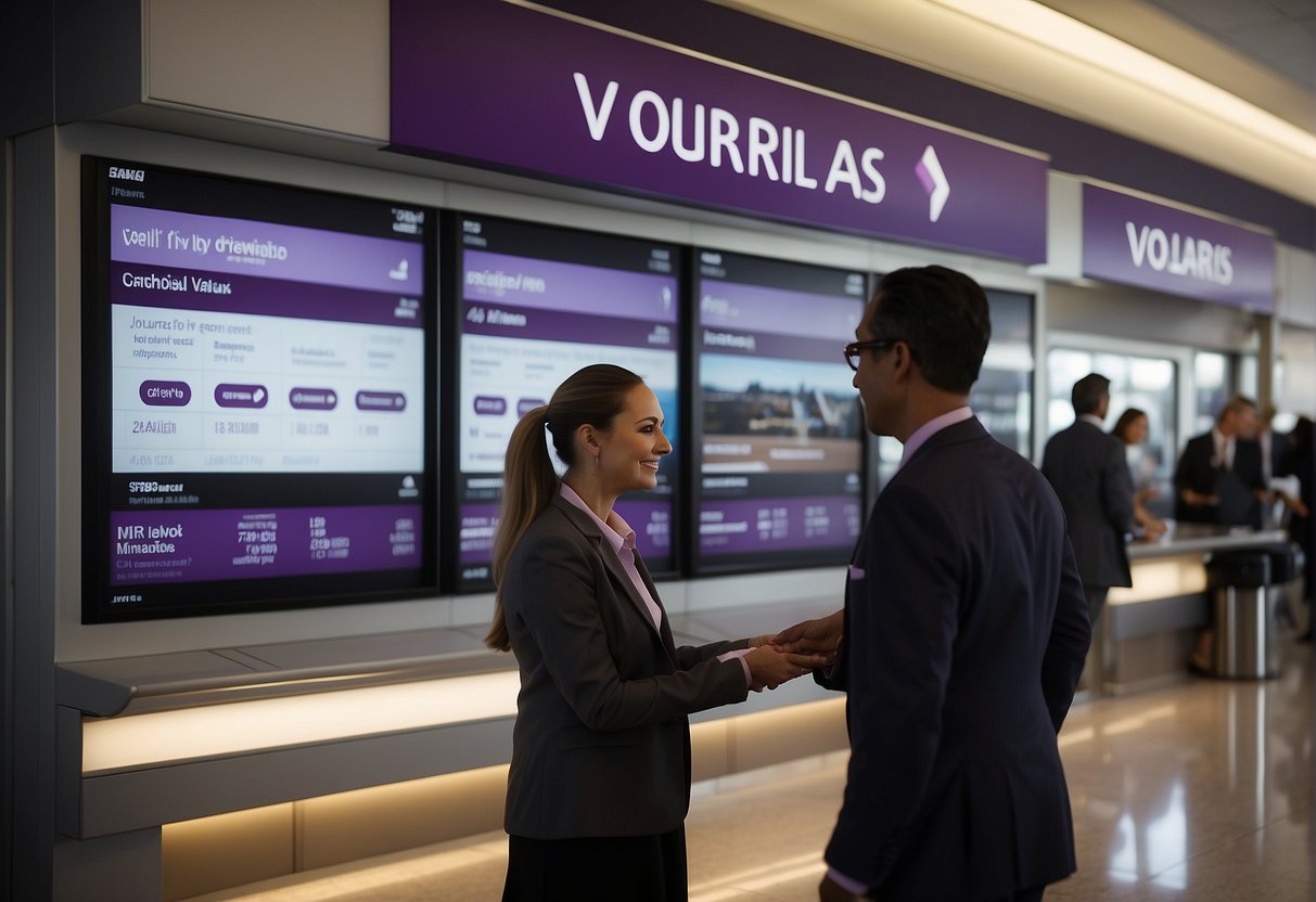 Passengers exchanging information with Volaris Airlines staff. Phone numbers, emails, and website displayed for contact