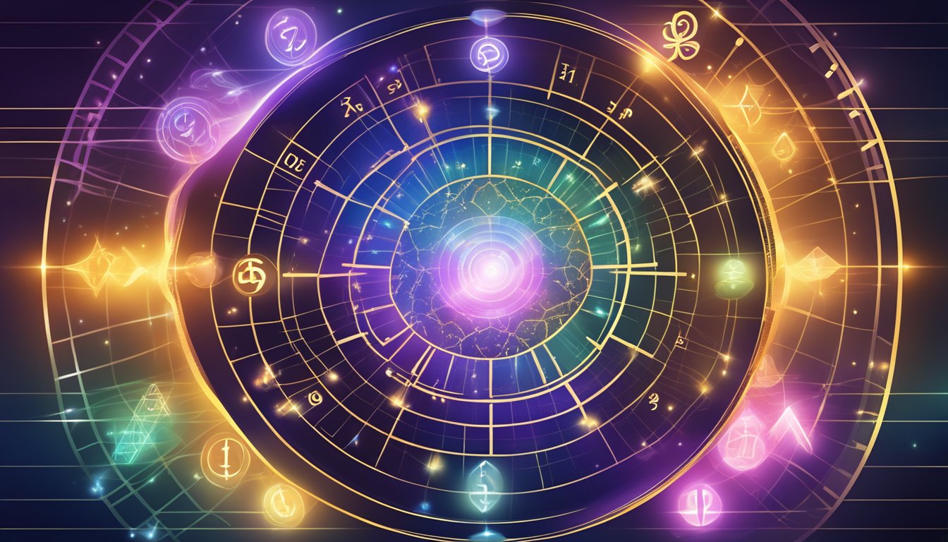 A glowing numerology chart with spiritual symbols emanating energy