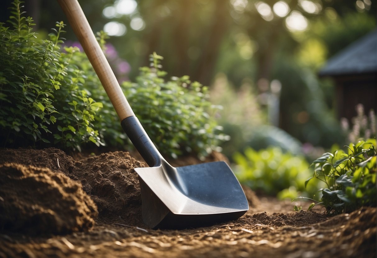 A wood shovel stands next to a fiberglass shovel in a garden. The wood shovel has a rustic, natural appearance, while the fiberglass shovel is sleek and modern