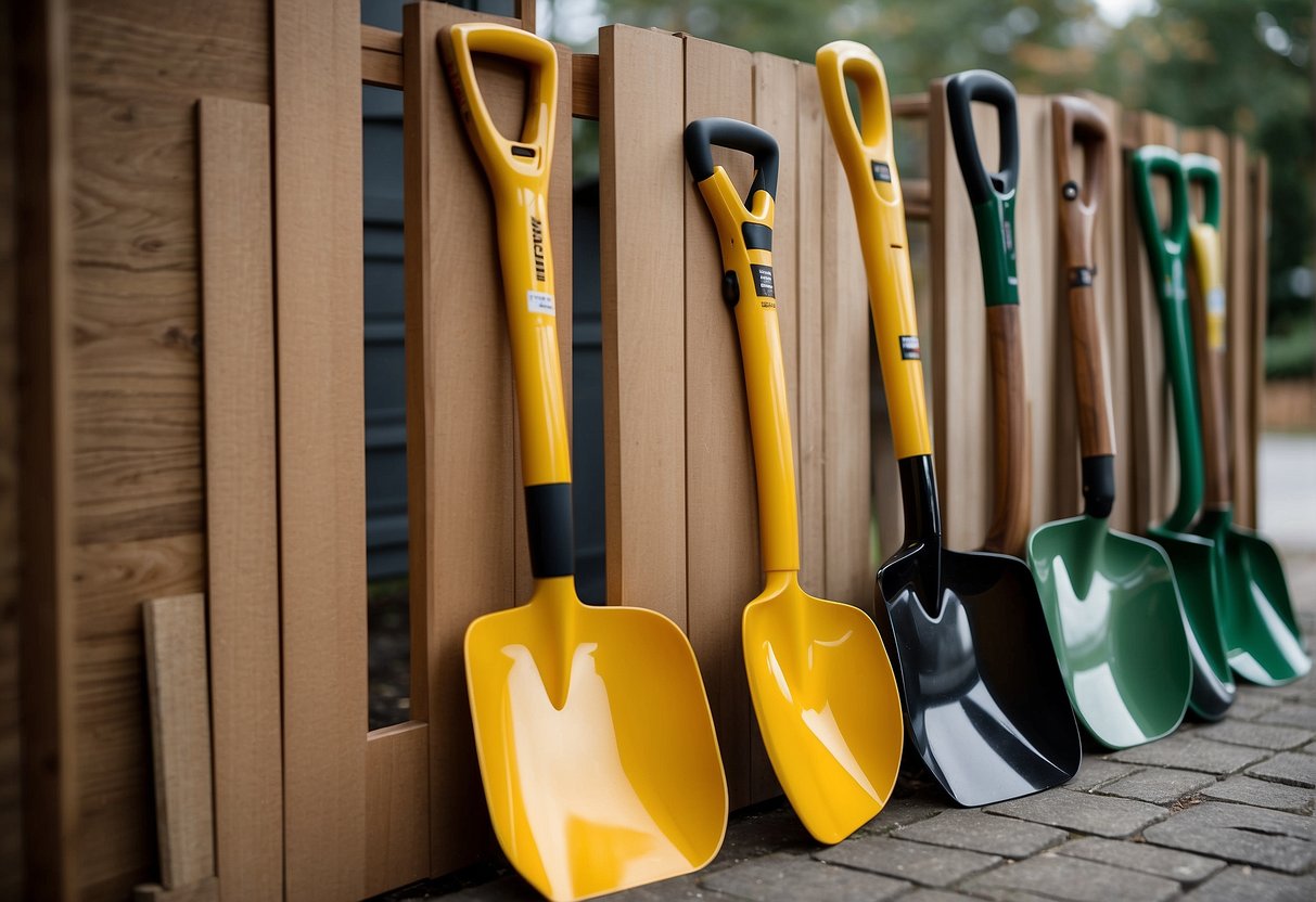 A wood and fiberglass shovel stand side by side, showcasing their different designs and ergonomics. The wood shovel has a traditional, curved handle, while the fiberglass shovel features a straight, modern handle