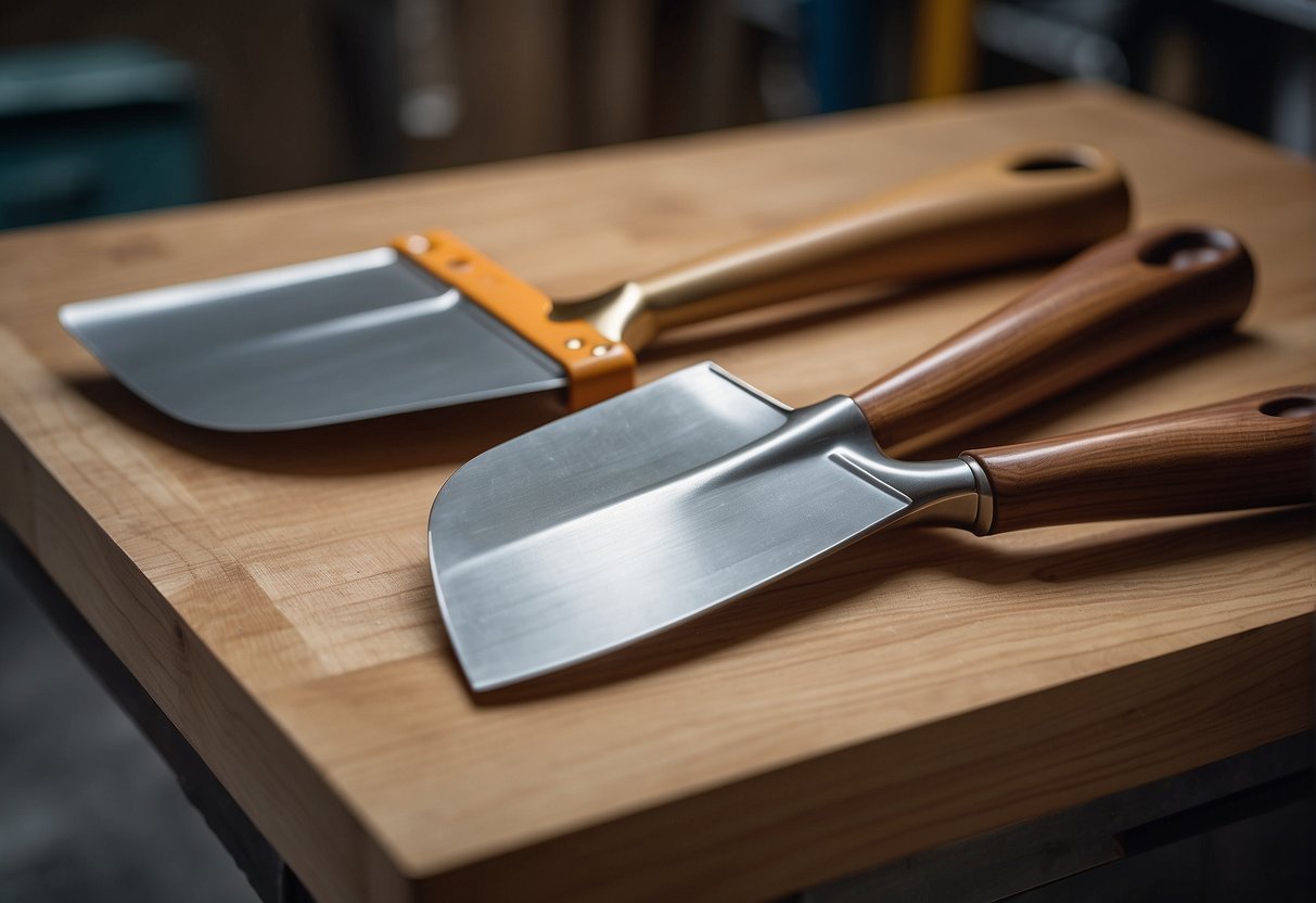 A wood and fiberglass shovel lie side by side on a clean, well-lit workbench. The wood handle shows signs of wear, while the fiberglass handle appears sleek and new