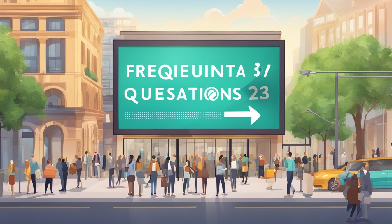 A large sign with "Frequently Asked Questions 236 Significado" displayed prominently in a busy public area