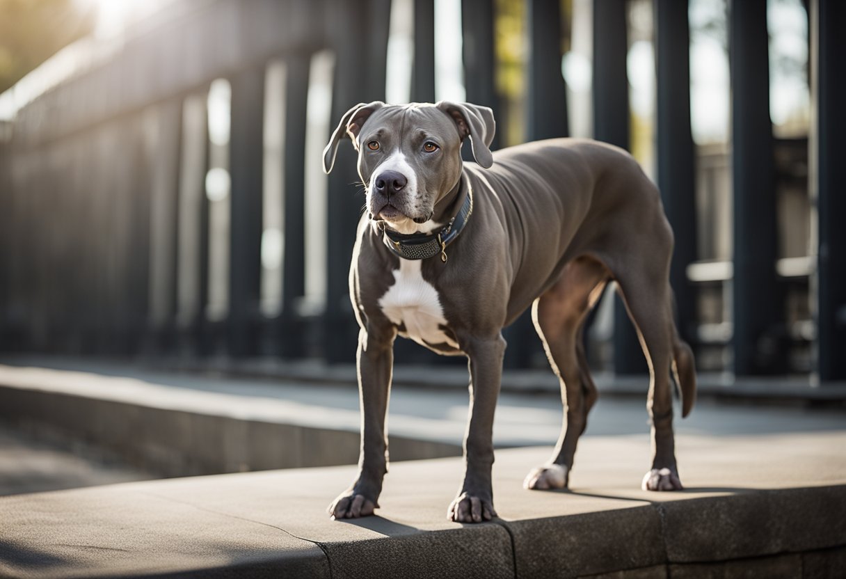 A Weimaraner pitbull mix stands proudly with alert ears and a sleek, muscular body, its coat a mix of gray and white, exuding strength and confidence