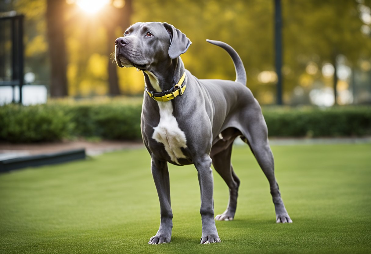 A Weimaraner Pitbull mix stands proudly, displaying a sleek coat and strong, muscular build. Its alert expression and powerful stance exude confidence and intelligence