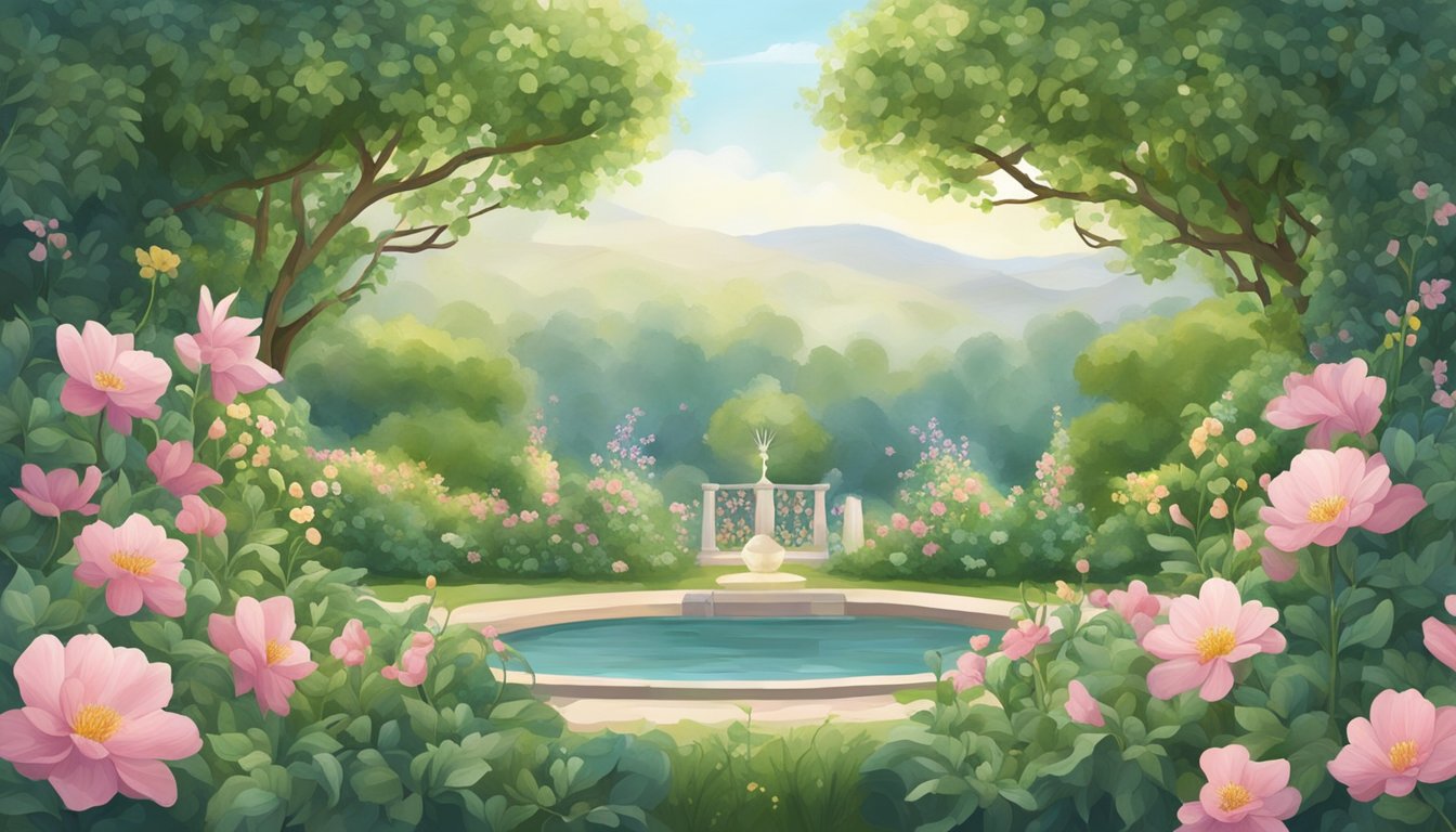 A serene garden with two intertwined vines forming the number 240, surrounded by blooming flowers and a gentle breeze
