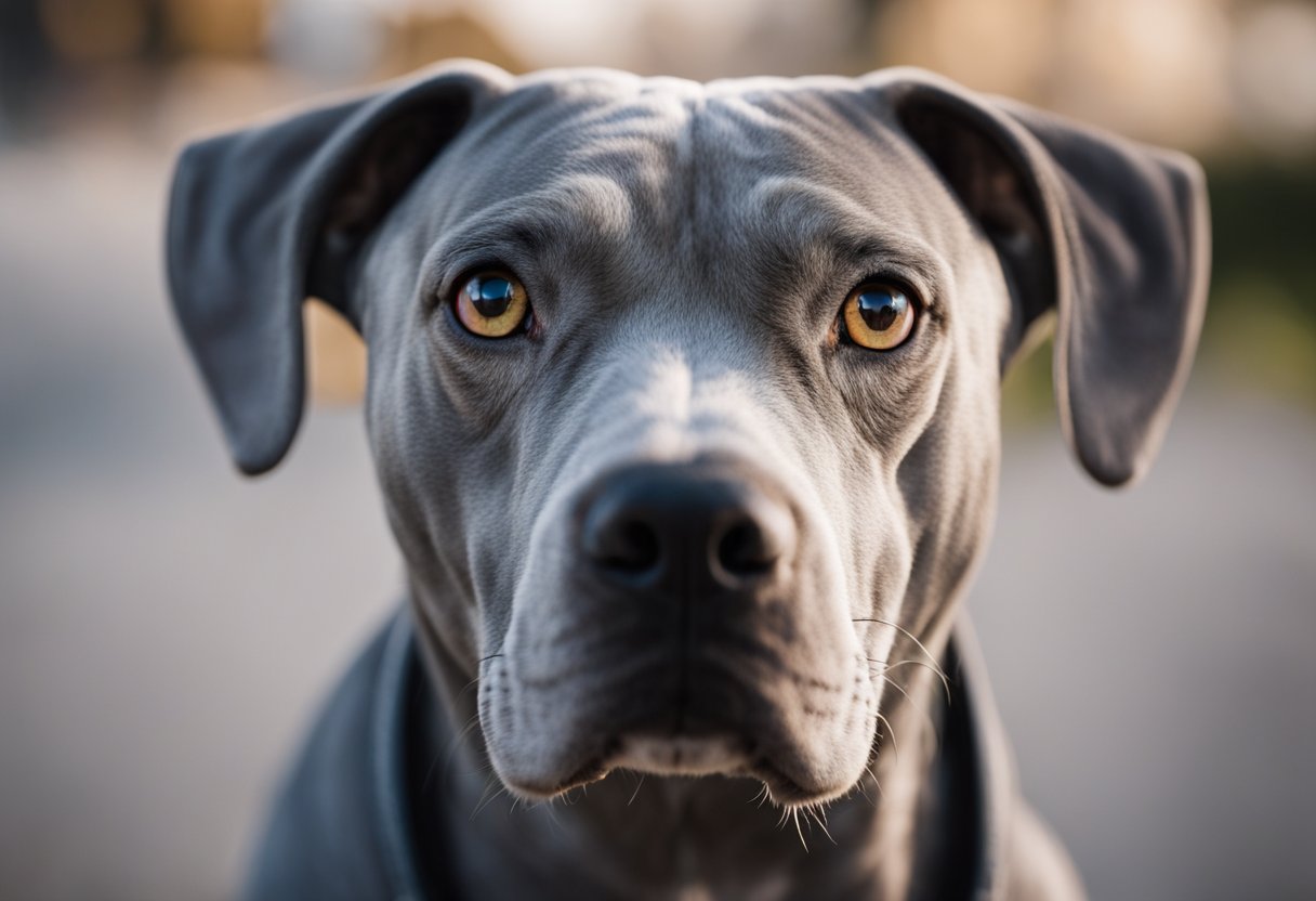 A Weimaraner Pitbull mix with a sleek silver-gray coat, muscular build, and piercing eyes, standing confidently with an alert and intelligent expression