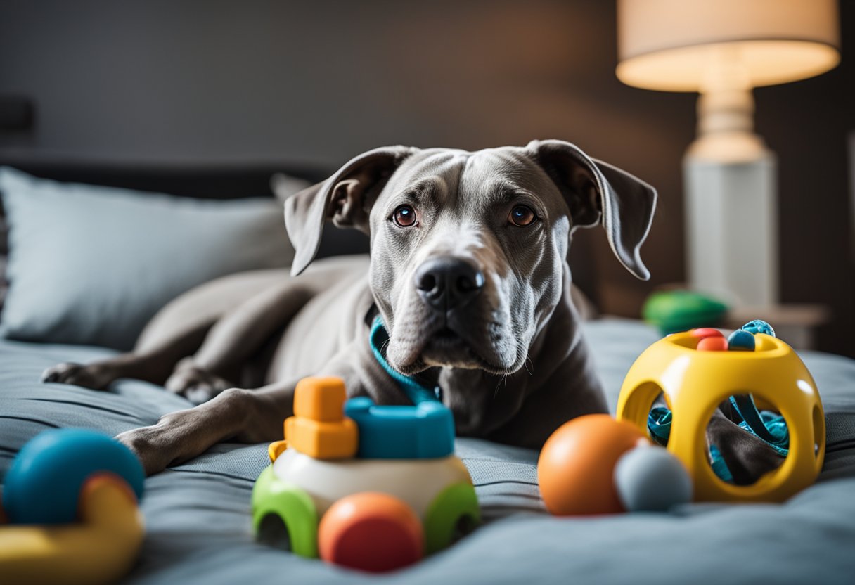 A Weimaraner Pitbull mix lying on a cozy bed, surrounded by toys and a water bowl. A leash and collar hang on the wall nearby