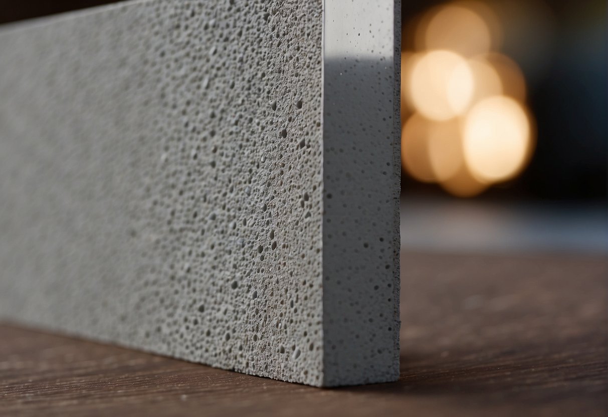 A cement board and DensShield stand side by side, showing their texture and thickness differences