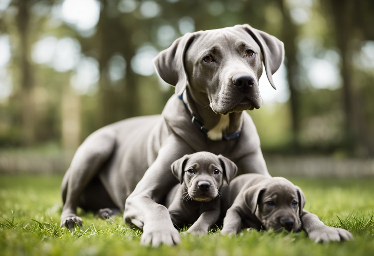 A Weimaraner Pitbull mix dog is nursing a litter of puppies while another dog watches attentively, ready to adopt one of the puppies