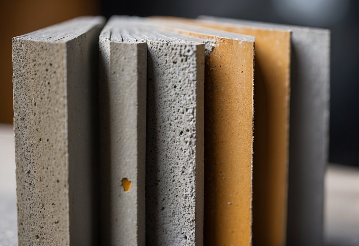 A side-by-side comparison of Cement Board and DensShield, showing their thickness, texture, and durability