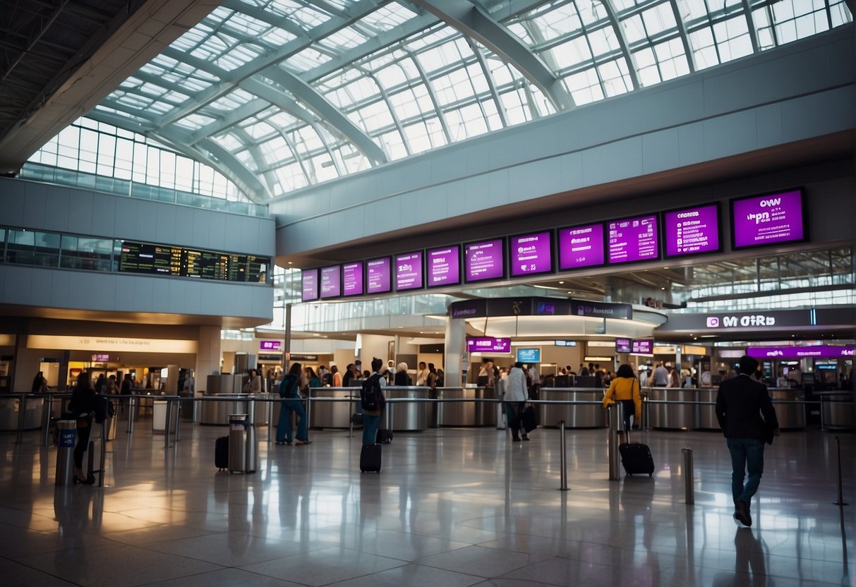A bustling airport terminal with prominent signage displaying Wow Airlines contact information. Passengers easily access phone numbers and email addresses