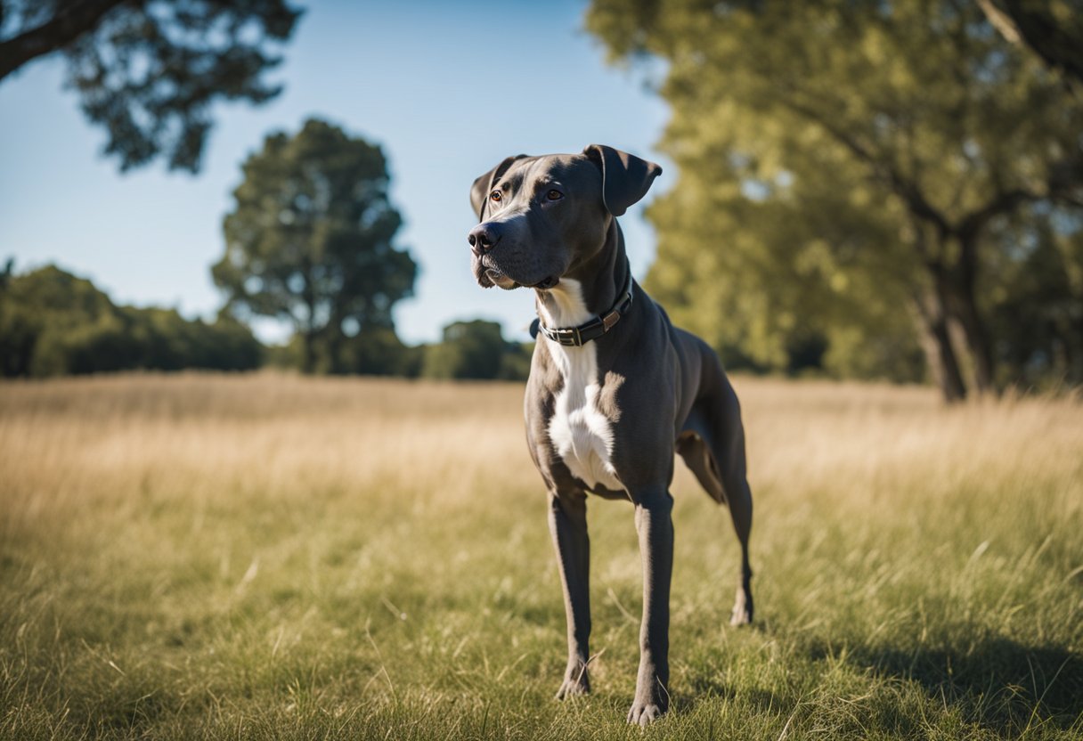 A Weimaraner Pitbull mix dog stands proudly, with a sleek coat and alert ears, in a grassy field under a clear blue sky
