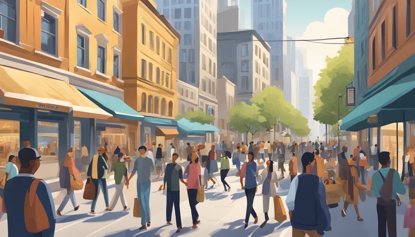 A bustling city street with diverse people, each engaged in various everyday activities like shopping, working, and socializing.</p><p>The scene is filled with energy and movement, showcasing the influence of daily life