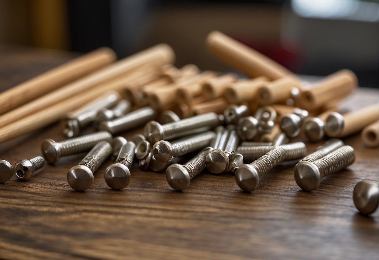 Wooden dowels and pocket screws lay side by side on a workbench, ready for assembly. The dowels are smooth and cylindrical, while the pocket screws have sharp, threaded ends