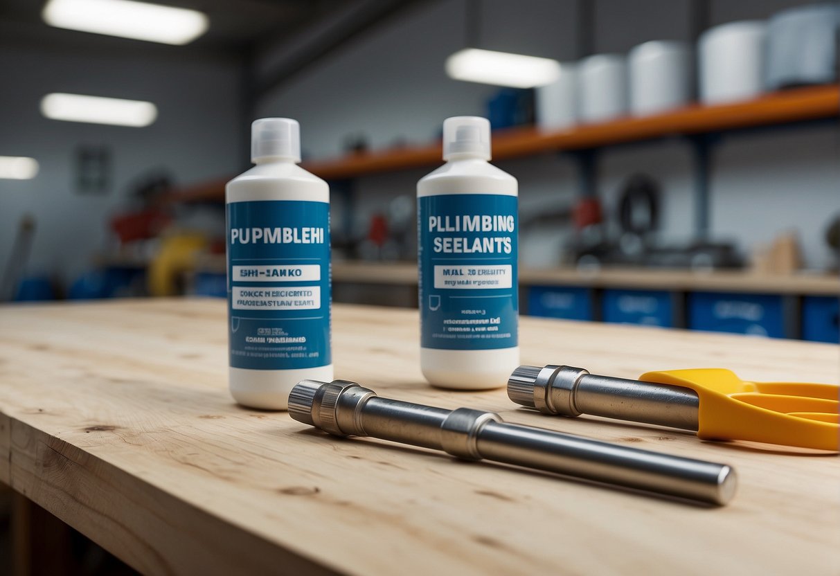 Two plumbing sealants side by side on a workbench with labels facing forward