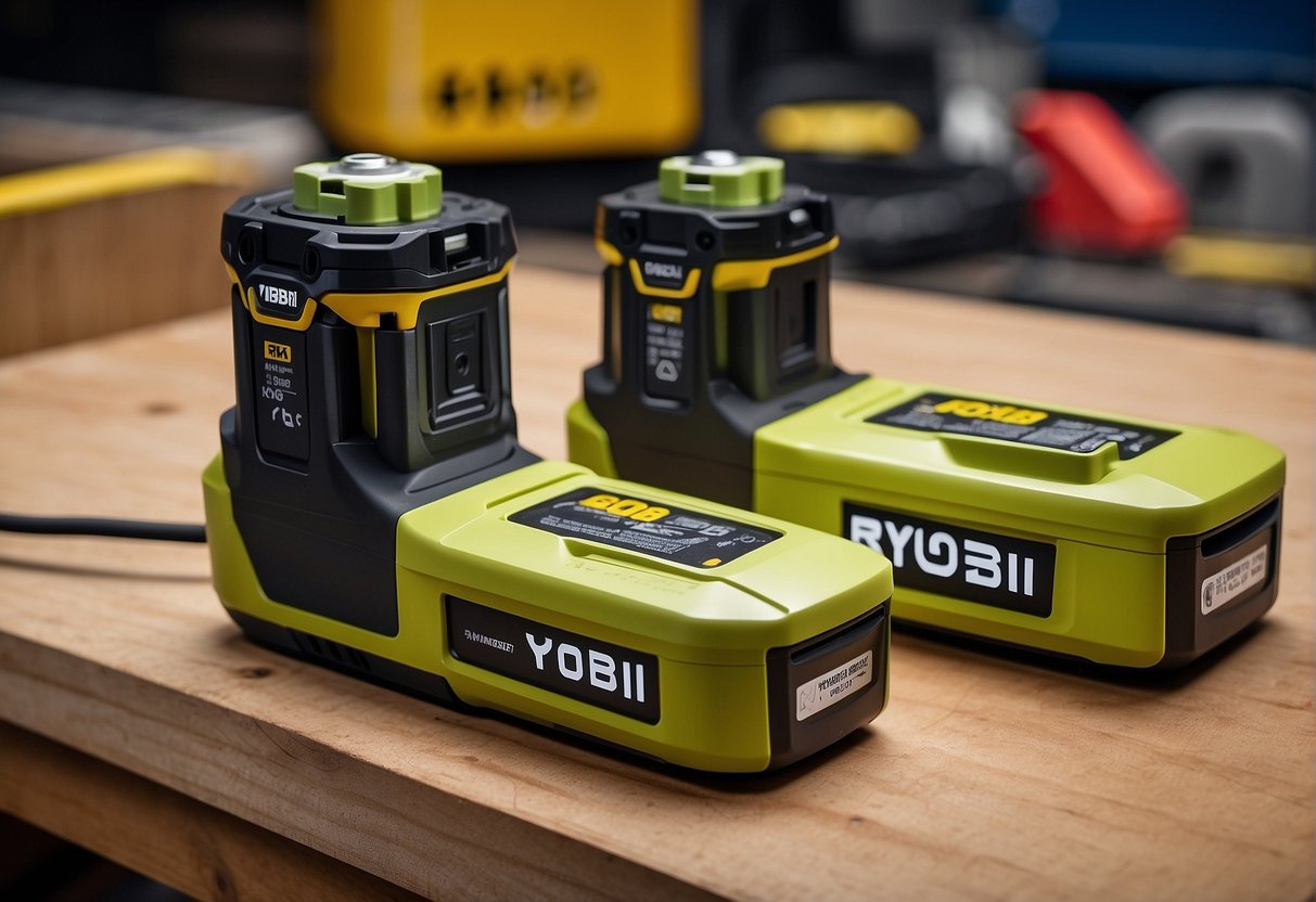 Two Ryobi batteries, P105 and P108, laid out side by side on a workbench