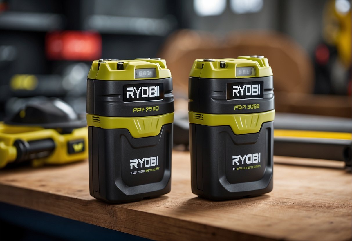 Two Ryobi batteries, P105 and P108, sit side by side on a workbench with tools in the background
