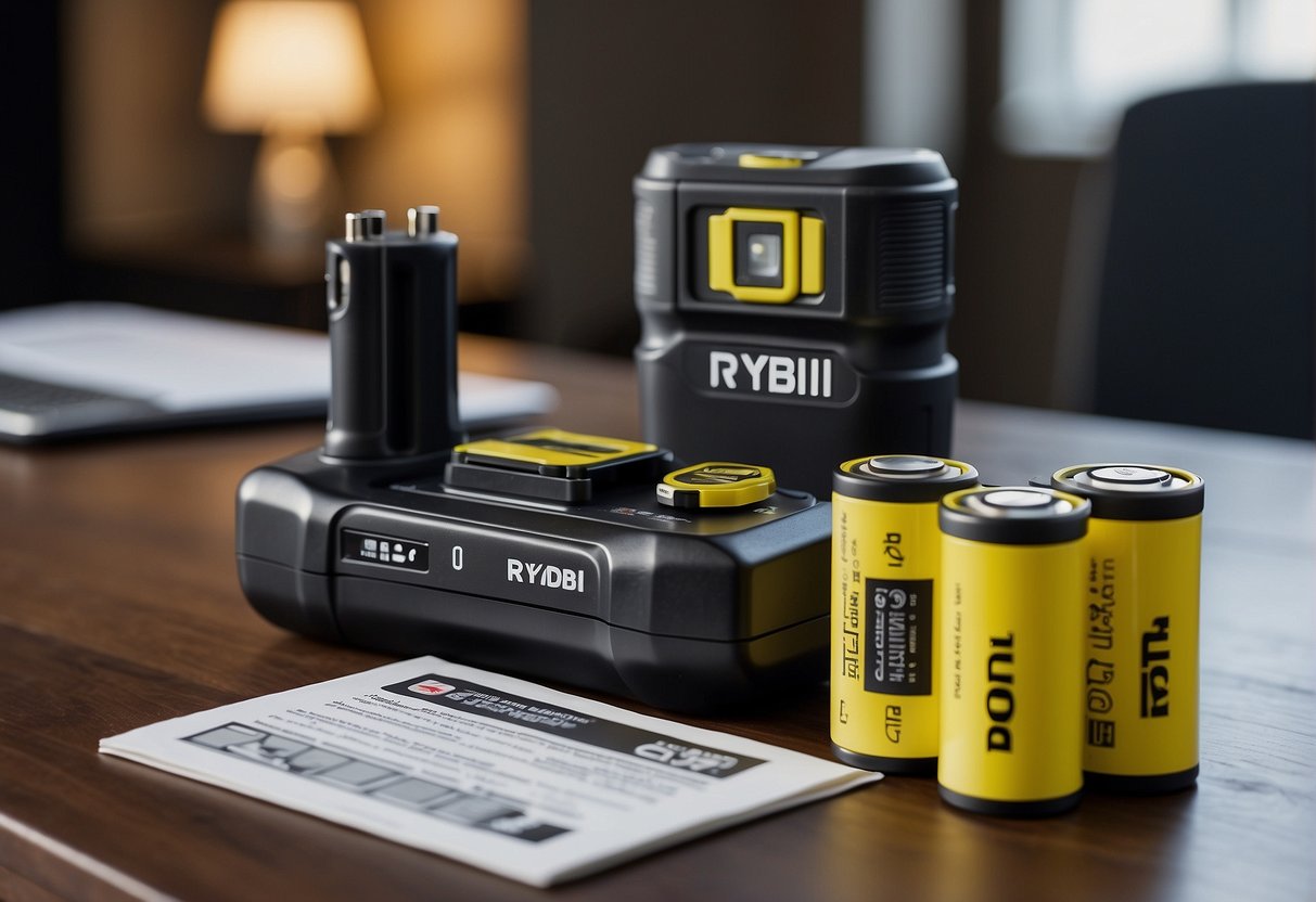 A table with two Ryobi batteries, P105 and P108, next to a list of frequently asked questions