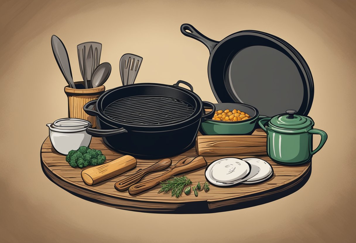 A Lodge cast iron dutch oven sits on a rustic wooden table, surrounded by cooking utensils and ingredients. The oven's logo is prominently displayed on the lid