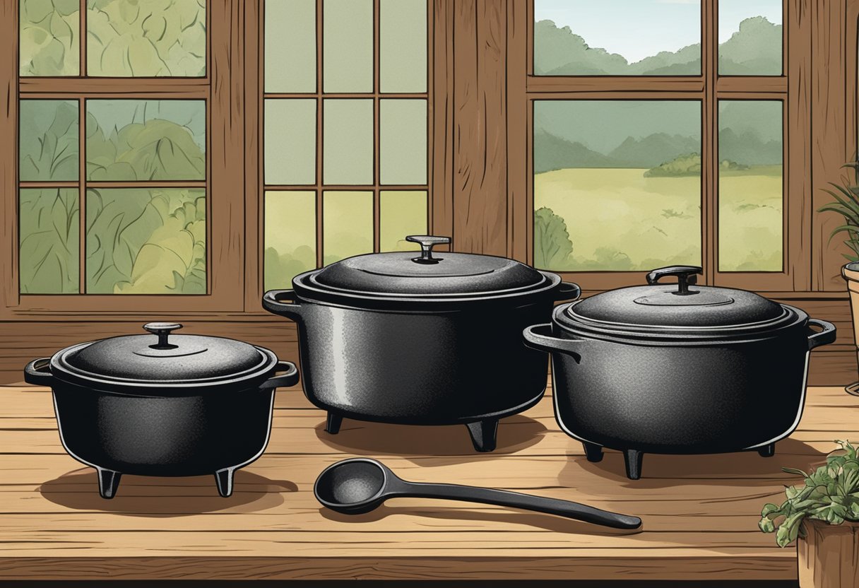 A collection of Lodge cast iron Dutch ovens, varying in size and design, displayed on a wooden table with a vintage, rustic backdrop